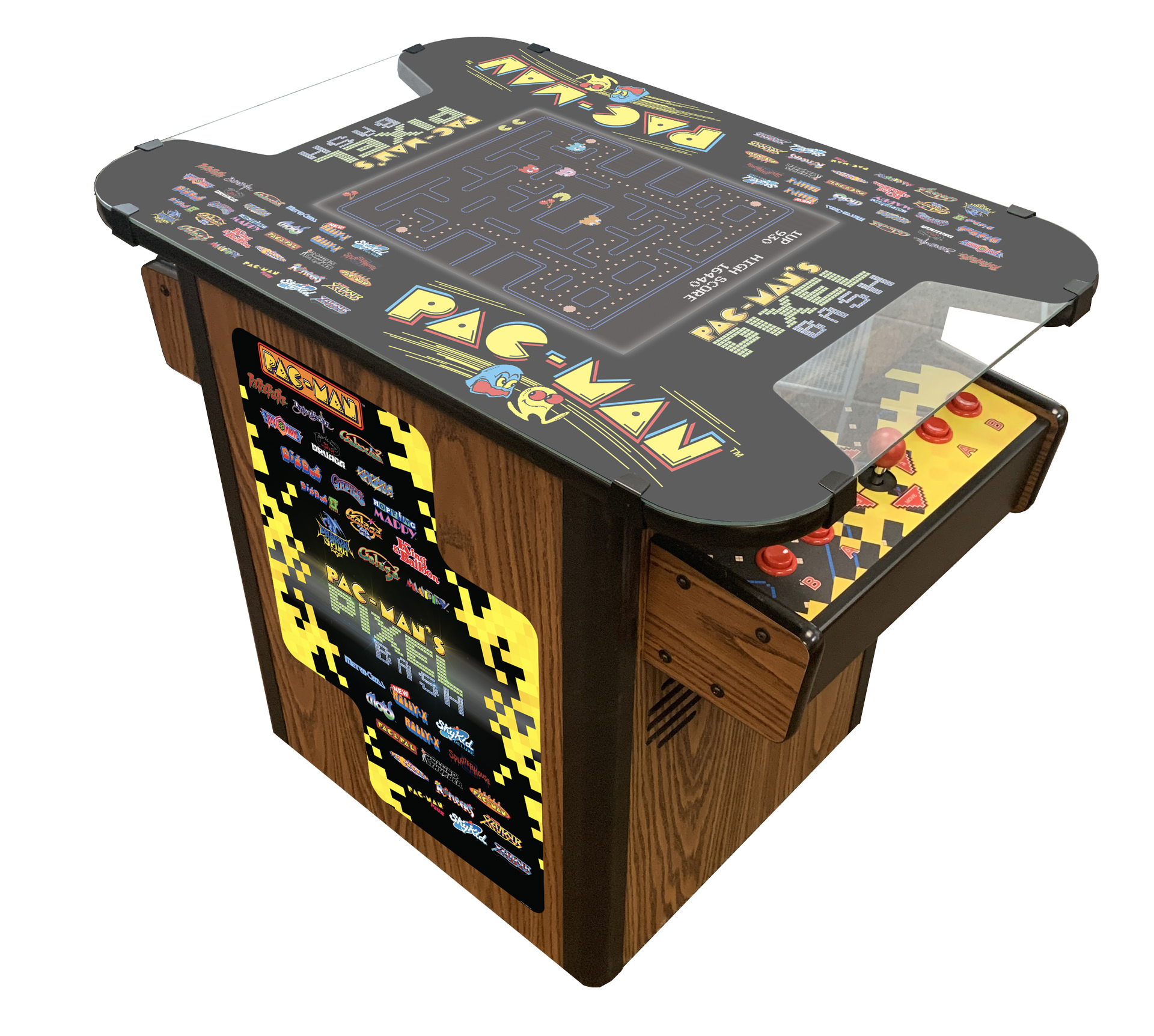 New Pac Man Pixel Bash Woodgrain Cocktail Arcade Game